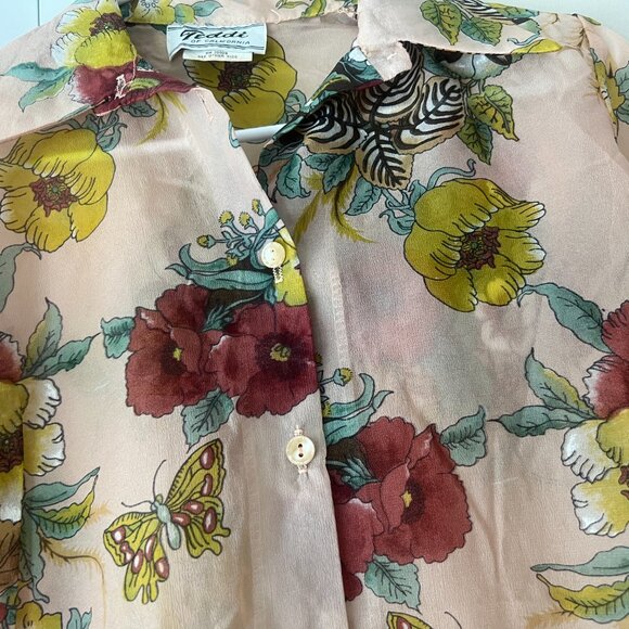 Vintage 70s Sheer Chiffon Blouse Floral Size 10 "Teddi of California" Shirt - Picture 10 of 13